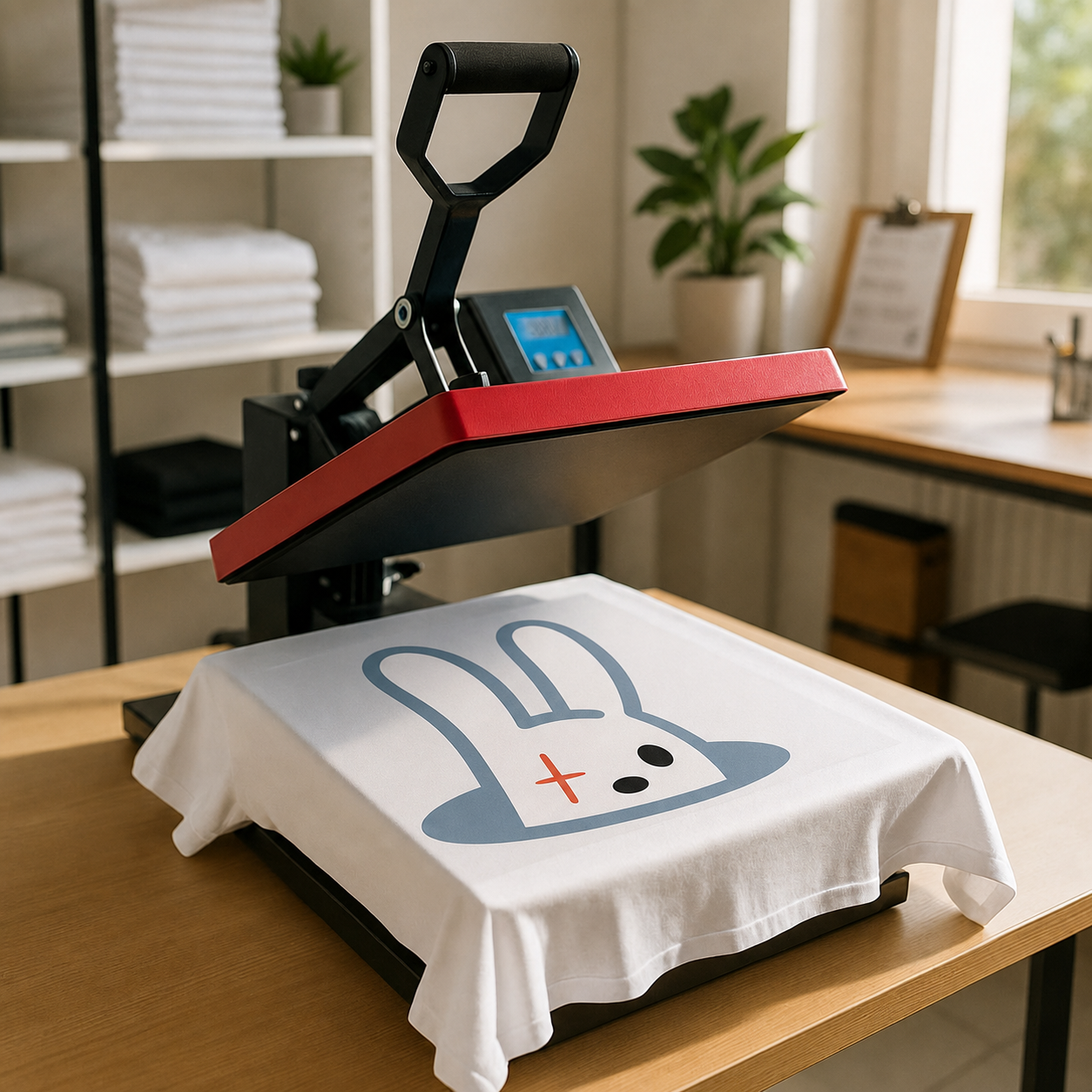 Illustrative heat press applying the Tofu bunny mark to a white T-shirt